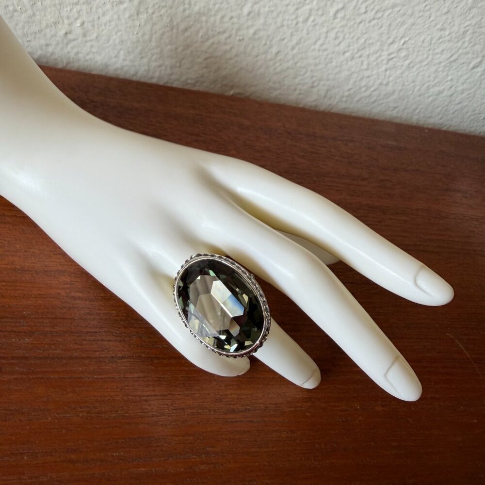 Massive Akkad Smokey Grey Oval Crystal Bold Statement Cocktail Ring